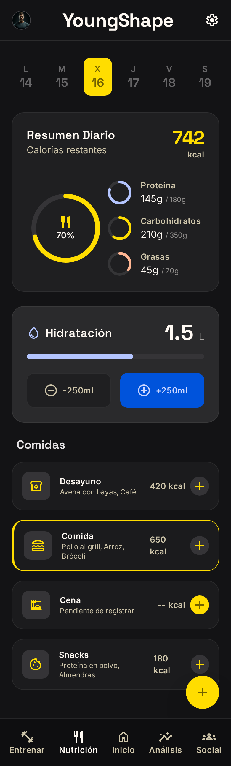 Dieta diaria: calorías restantes, macros e hidratación