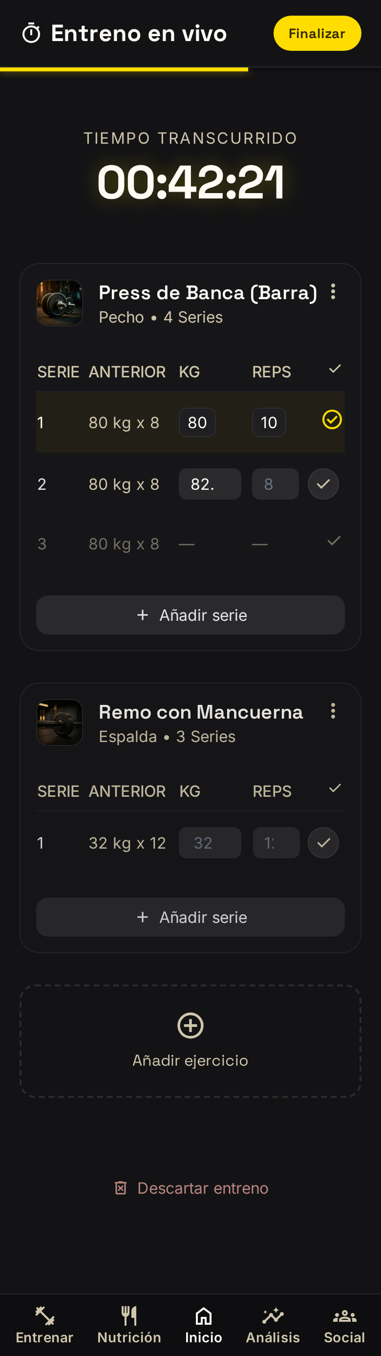 Entreno en vivo: series, kg y reps en tiempo real