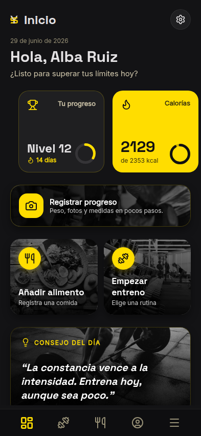 Pantalla de inicio de YoungShape: progreso, calorías y rutina recomendada
