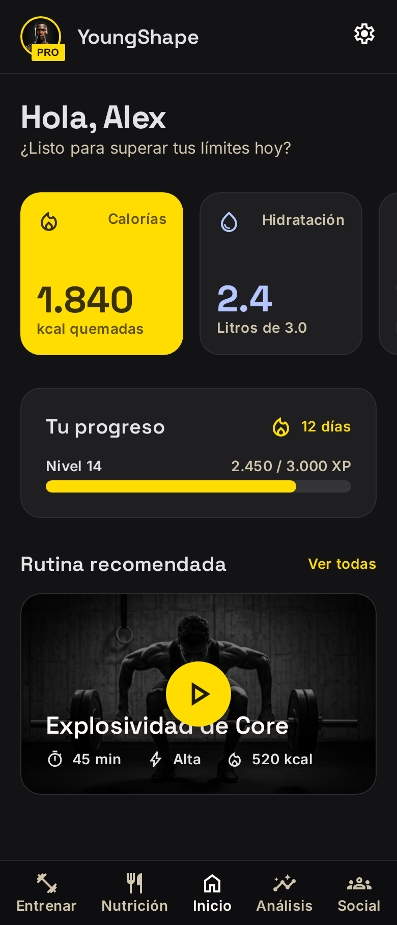 Pantalla de inicio de YoungShape: progreso, calorías y rutina recomendada