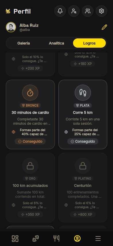 Logros desbloqueados por niveles: bronce, plata, oro y platino