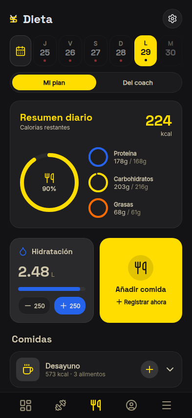 Dieta diaria: calorías restantes, anillo de macros e hidratación