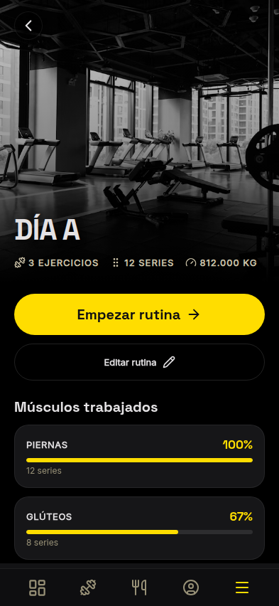 Visor de rutina: músculos trabajados, ejercicios y volumen