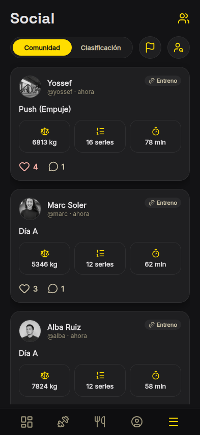 Feed de la comunidad: entrenos, likes y comentarios