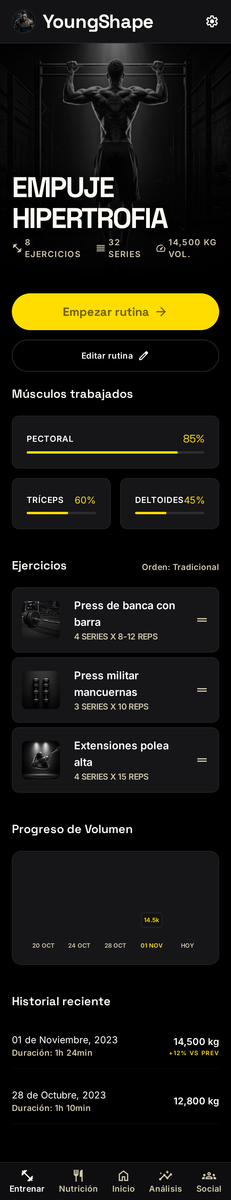 Visor de rutina con músculos trabajados y ejercicios